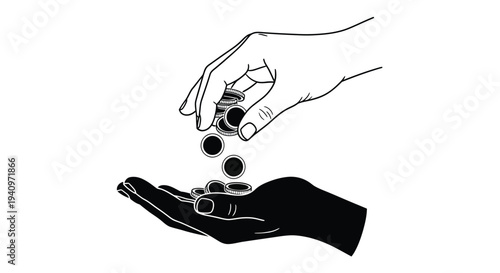 A hand dropping coins into an outstretched darker hand below