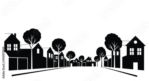 A stark black and white illustration of a quiet residential street with houses and trees