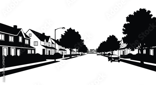 A black and white illustration of a quiet suburban street with houses