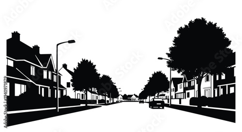Black and white illustration of a residential street with trees and houses