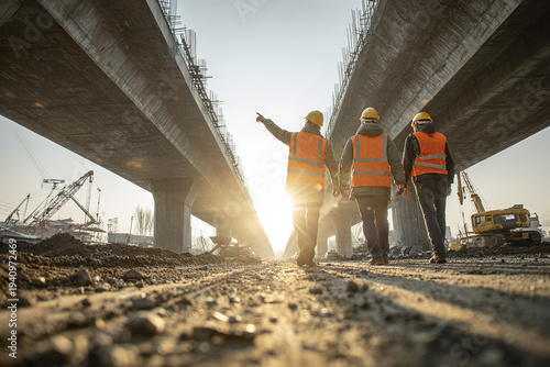Construction workers inspecting bridge construction site at sunset with heavy machinery and cranes in background, teamwork and safety concept in industrial environment