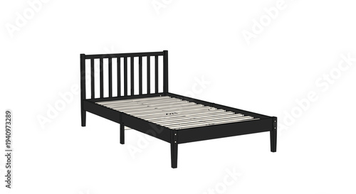 A pixelated illustration depicts a black wooden bed frame with a tall vertical-slat headboard and a simple footboard on a plain white background.