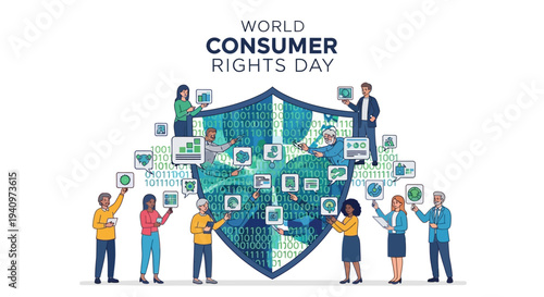 Illustration of diverse people standing around a shield with icons, celebrating World Consumer Rights Day with a consumer protection concept, fair trade awareness, and customer rights