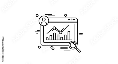 Business analytics dashboard with charts, user profile, and magnifying glass icon