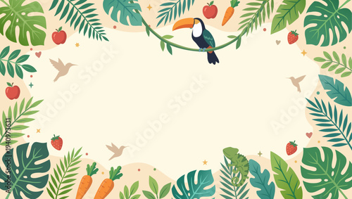 Vibrant tropical wildlife and fruits frame vector. Toucan, hummingbirds, chameleon, Monstera leaves, apples, carrots, strawberries, and liana. Nature concept with copy space for banner or poster.