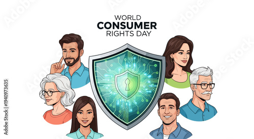 Illustration of diverse people surrounding a shield with a glowing lock on World Consumer Rights Day, symbolizing consumer protection and advocacy with a mix of colorful, flat design