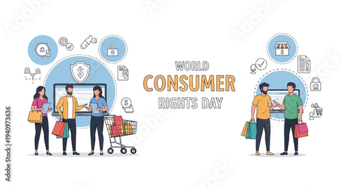 Illustration of people shopping and using devices on World Consumer Rights Day with icons and a shopping cart in a colorful design.