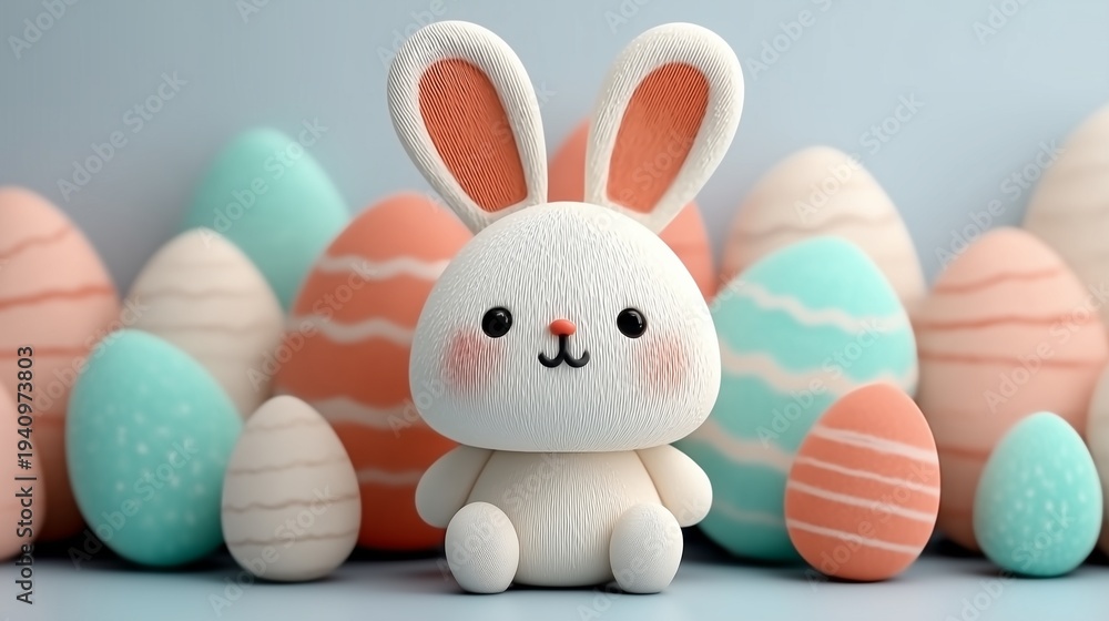 Fototapeta premium Adorable Bunny Surrounded by Colorful Easter Eggs in Pastel Shades