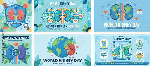 Vector illustration set of healthy kidneys and globes. Vibrant medical composition featuring fresh fruits, water and exercise icons. Poster and banner design for World Kidney Day.