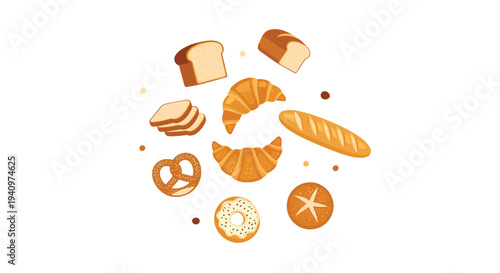 A collection of various bread types including croissants, a baguette, a pretzel, and a donut are arranged in a circle on a white background.
