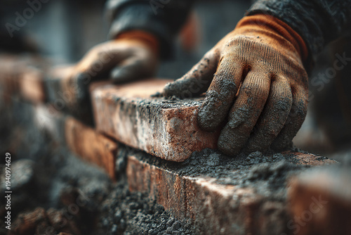 Bricklayer hands wearing gloves placing red brick with mortar on construction site, close up of building process showing skilled worker focused on masonry work