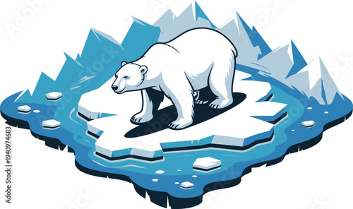 A polar bear standing on a melting ice floe in the ocean with icebergs in the background