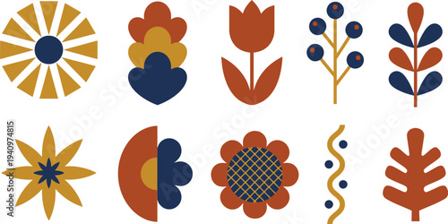 Modern abstract floral shapes with geometric daisy tulip berry sprig in mustard yellow navy blue rust orange for mid century contemporary branding design