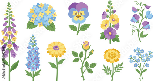 Classic cottage garden floral elements with foxglove hydrangeas pansy hollyhock in violet soft yellow sky blue for traditional floral branding design