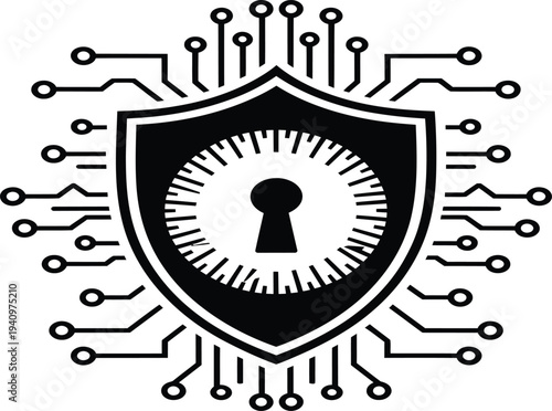 Black shield with keyhole and circuit board design for cybersecurity concept