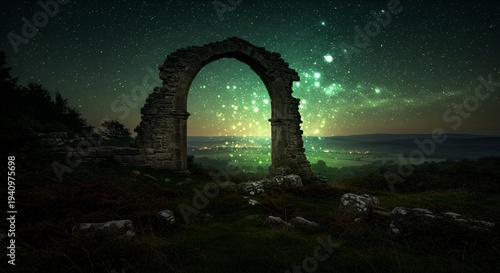Ancient stone archway overlooks a glowing emerald night sky filled with stars and distant city