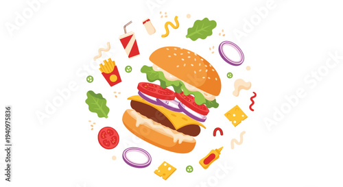 A deconstructed hamburger with floating layers of meat, cheese, and vegetables is surrounded by fast food icons arranged in a circle on white.