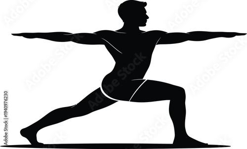 Silhouette of a person in warrior yoga pose doing exercise and meditation in a black silhouette