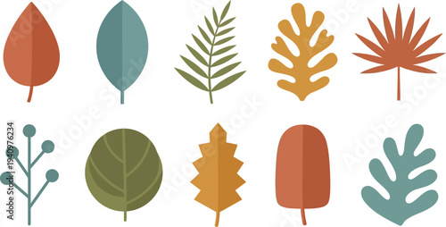 Minimalist abstract leaf shapes with teardrop oval fern Matisse inspired in terracotta muted teal olive green ochre for contemporary botanical branding design