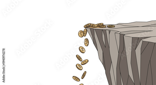 Multiple gold dollar coins are falling off the edge of a steep gray jagged cliff against a plain white background in a flat illustration.