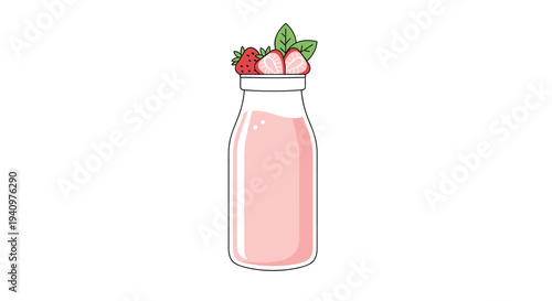 A pixelated illustration displays a tall clear glass bottle filled with a light pink strawberry smoothie, garnished with fresh fruit and mint leaves on a white background.