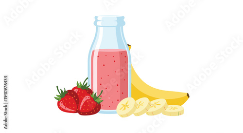 A pixelated illustration presents a short clear glass bottle with a vibrant pink strawberry smoothie, accompanied by whole strawberries and sliced bananas on a white background.