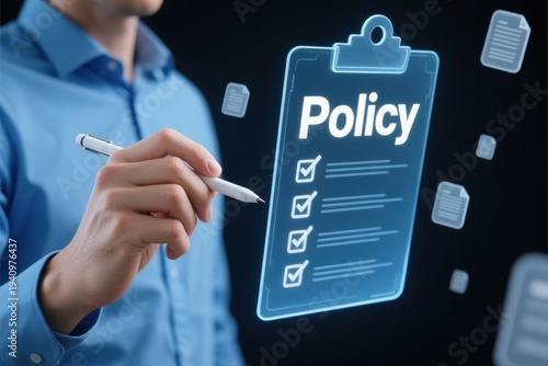 Business audit compliance law regulation policy concept with person holding pen and digital clipboard checklist for rules