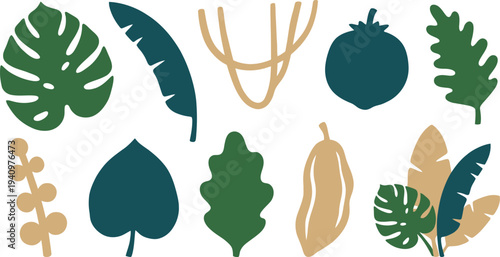 Modern abstract tropical botanical forms with monstera palm vine organic leaf in forest green deep teal sandy beige for lush contemporary branding design