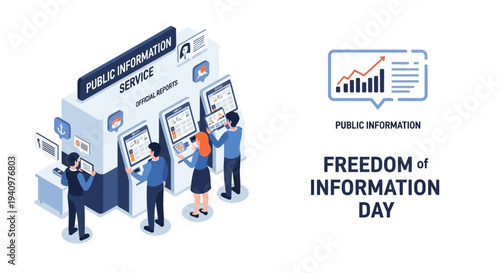 Illustration of people accessing public information service on Freedom of Information Day with a graphic design and chart