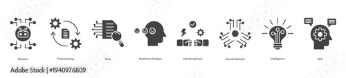 Intelligent data processing banner web icon vector illustration featuring icons of robotics, preprocessing, data, sentiment analysis, interdisciplinary, neural network, intelligence, and NLP