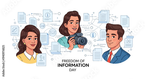 Illustration of three people celebrating Freedom of Information Day with a design concept promoting public access to information and the right to know.
