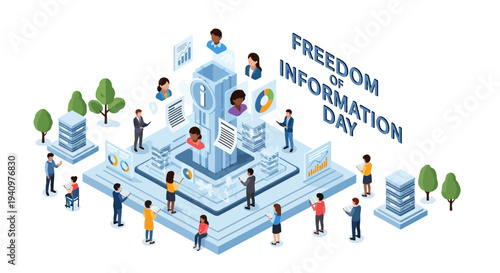 Isometric illustration of people interacting around a large computer with Freedom of Information Day text in a blue and white design