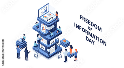 Isometric illustration of people working together to build a tower of blocks with documents and computers on Freedom of Information Day with a clean white background.