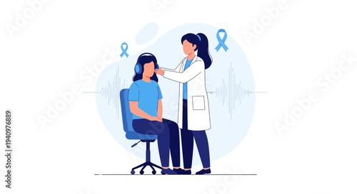 Audiologist performing hearing test on patient with headphones, ear examination, sound waves