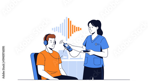 Audiologist performs hearing test on patient with headphones and audiometer in clinic