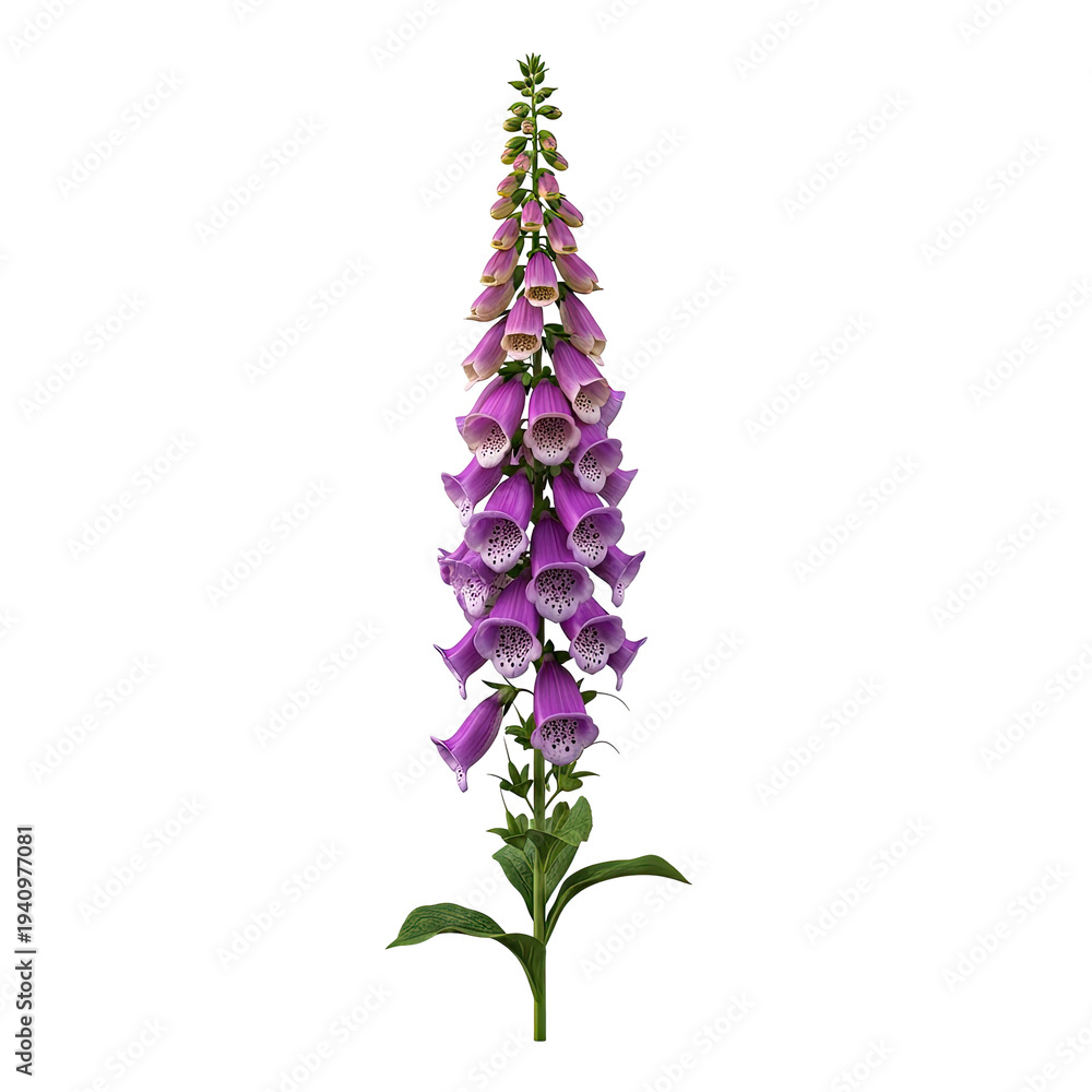 Fototapeta premium Tall, elegant purple and white bell-shaped blooms on a green stem, isolated against black