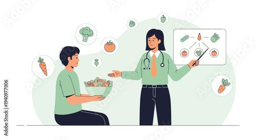 Dietitian advises patient on healthy eating with fresh vegetables and salad