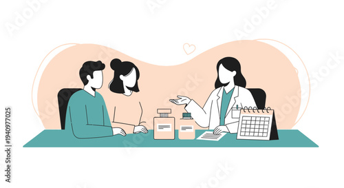 Doctor consulting couple about fertility treatment, with medications and calendar on desk
