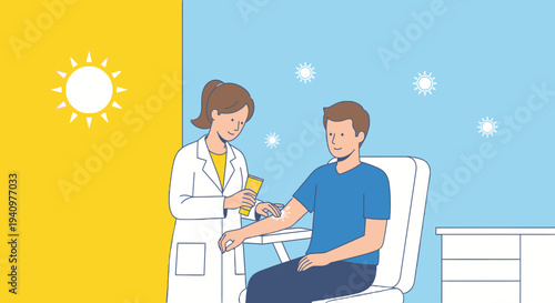 Doctor applying sunscreen to patient's arm, sun protection concept
