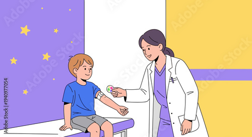 Doctor examines child's arm with thermometer, medical check-up in clinic, healthcare concept