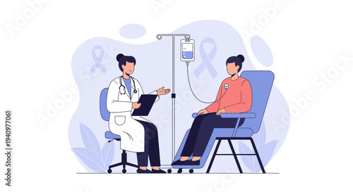Doctor Consults Patient Receiving Chemotherapy Infusion Treatment for Cancer