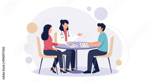 Doctor consulting couple about health, medical advice, and family planning