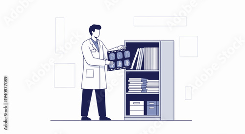 Doctor examining brain scan results next to a medical records cabinet