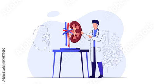 Doctor examining a kidney model, medical illustration of nephrology and urology concept