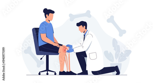 Doctor examining patient's knee injury, medical consultation, orthopedic examination
