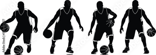 Basketball dribbling silhouettes, sports posture illustration, athlete movement vector, dynamic training graphic design, athletic motion outline art icons