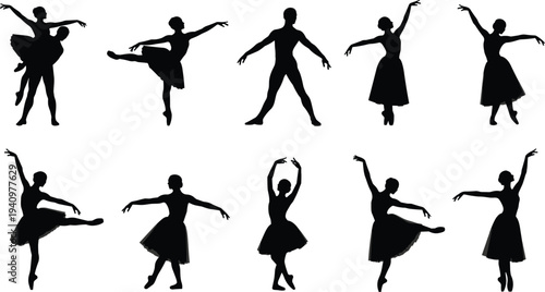 Ballet dancer silhouette vector illustration with graceful poses, partnered movements, dance artwork design, performance concept, classical posture collection