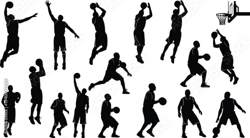 Basketball silhouettes of players dribbling, shooting, dunking, passing, jumping, hoop with net, athletic movements, sports competition, fitness training, vector illustration, black silhouette art