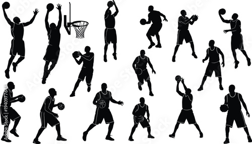 Basketball player silhouettes in dynamic action, dribbling, shooting, passing, dunking, hoop play, athletic sports competition, energetic movement illustration design