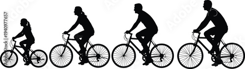 Bicycle rider silhouettes progression with child, teenager, adult male, growth stages, cycling evolution, life development illustration